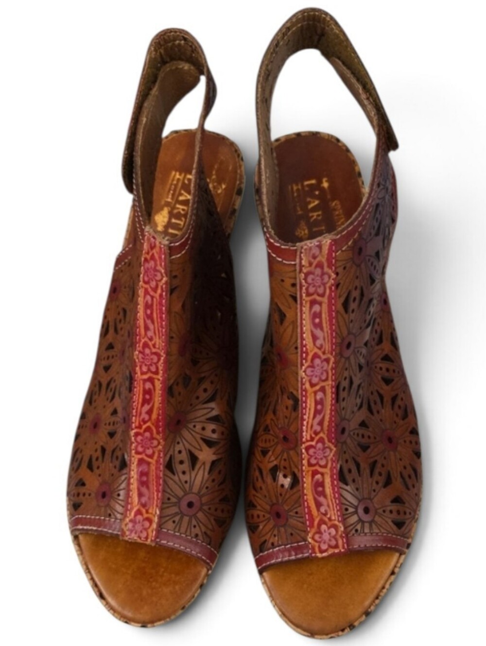 NWT L'ATISTE Brown Floral Cutout Leather Slingback Sandals - Brown/Pink